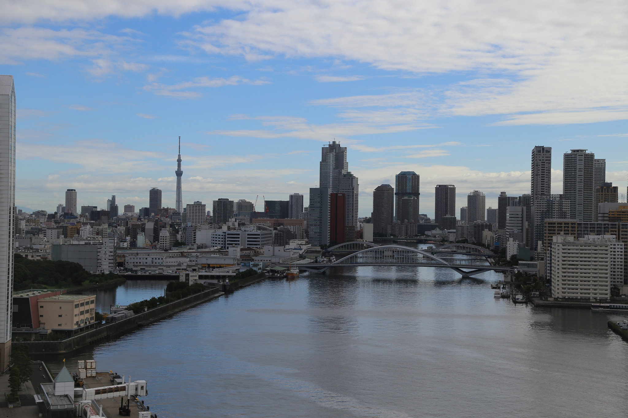 Skyline of Tokyo over river.