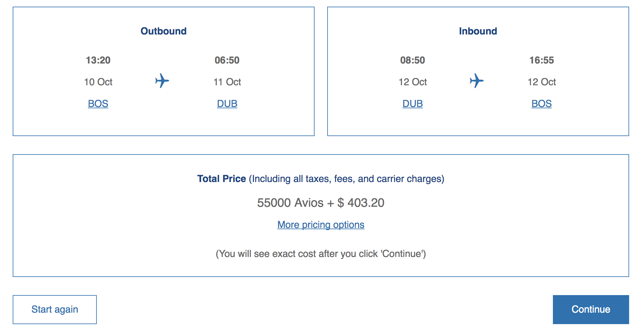 British Avios Redemption Chart