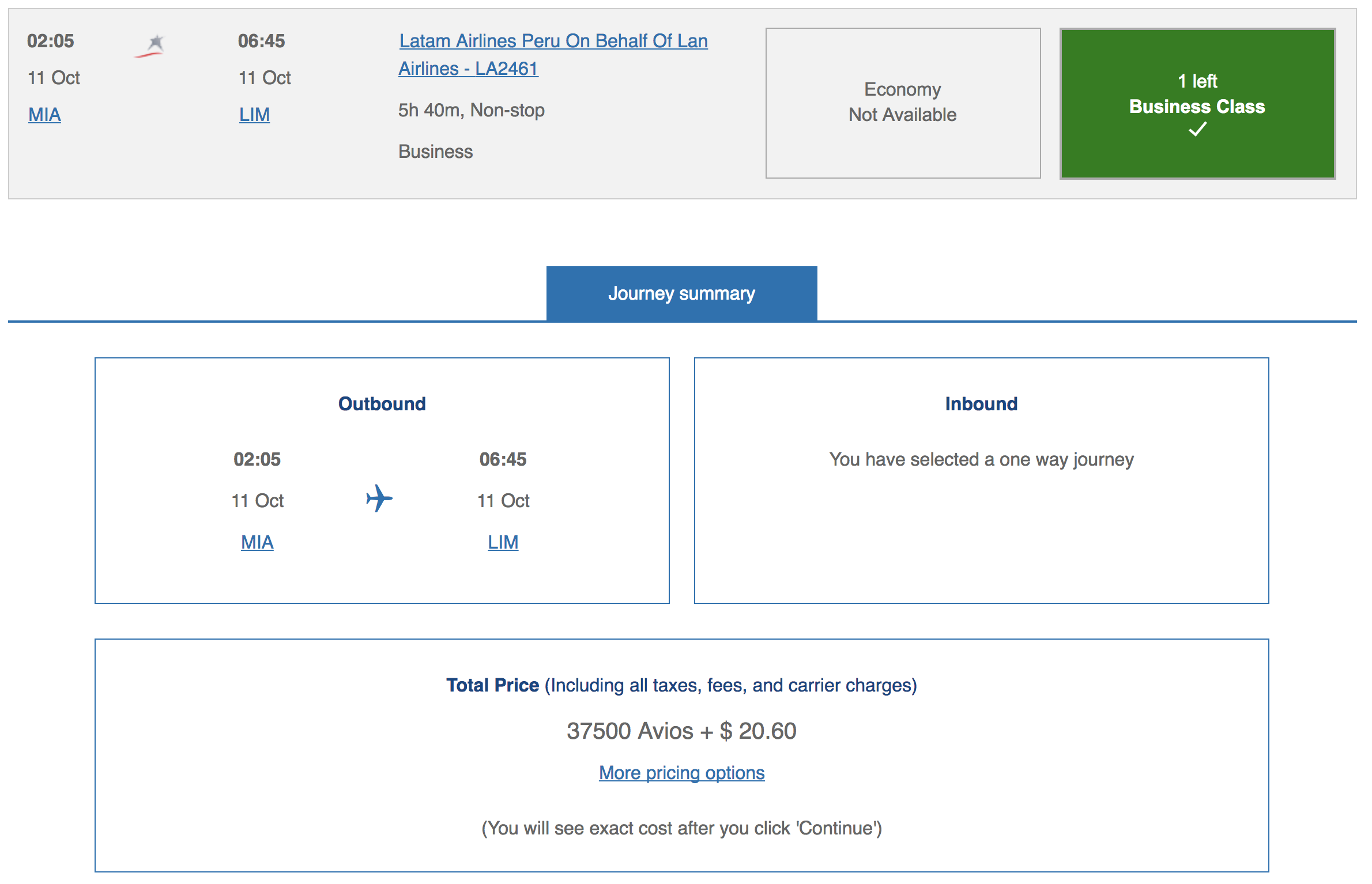 Avios Award Chart