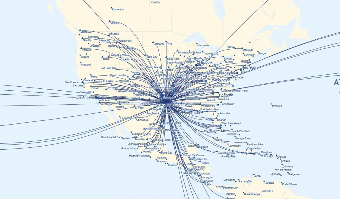 Route map of American Airlines flights out of Dallas.