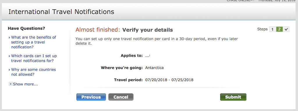 chase visa international travel notification