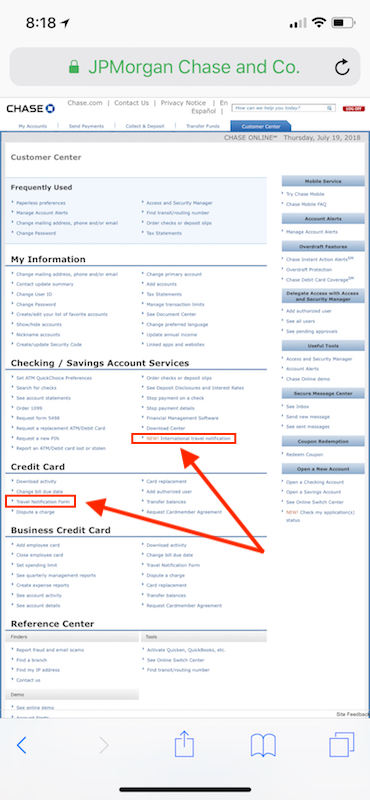 chase visa travel phone number