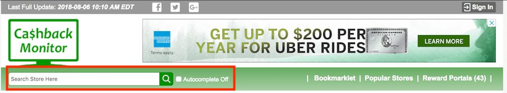 Cash Back Monitor search feature.