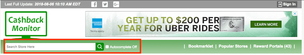 Cash Back Monitor search feature.