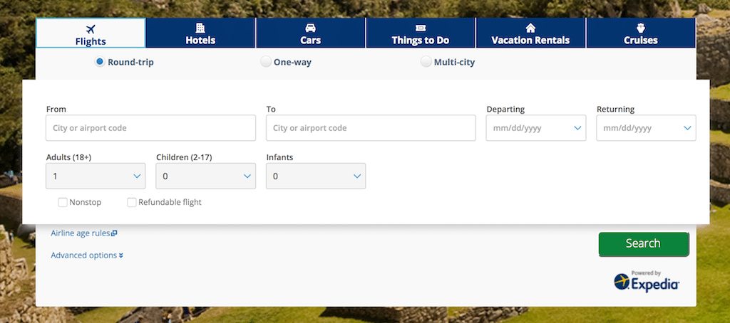 Photo of Chase travel portal booking menu