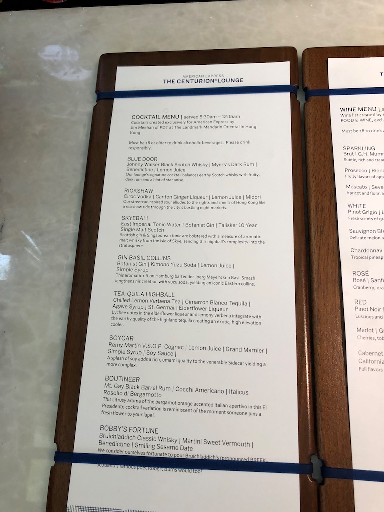 Amex Hong Kong Centurion Lounge cocktail menu.