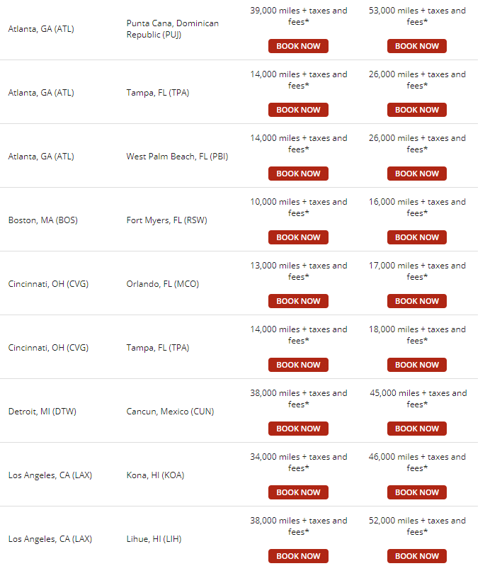 Skymiles Redemption Chart