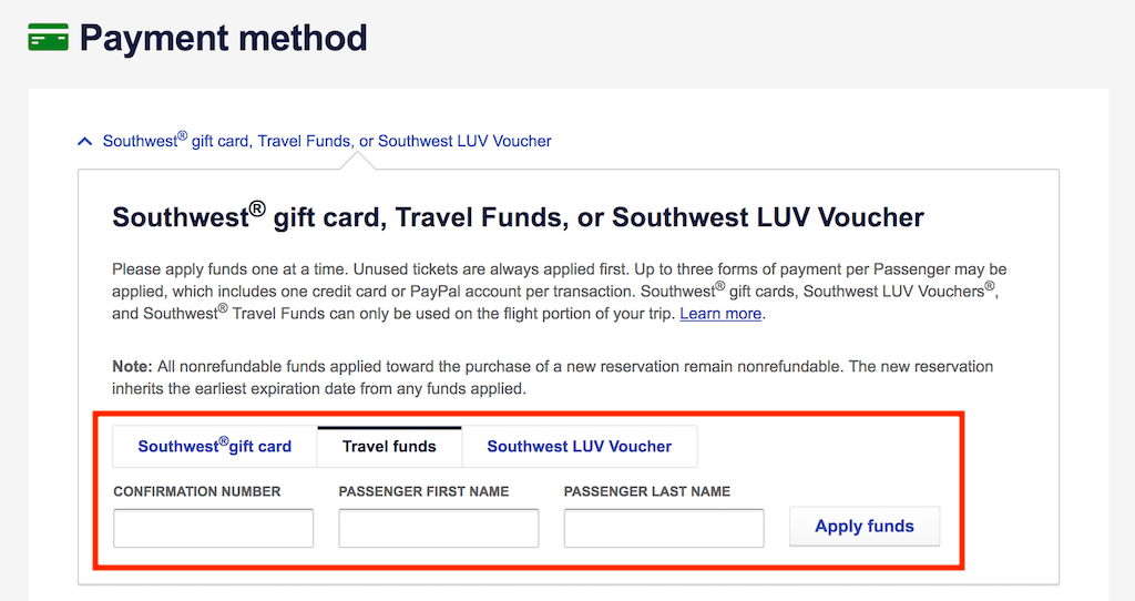 southwest airlines apply travel funds