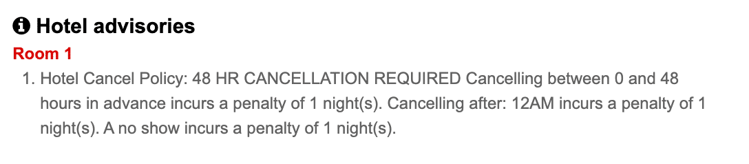Screenshot of a hotel cancellation policy