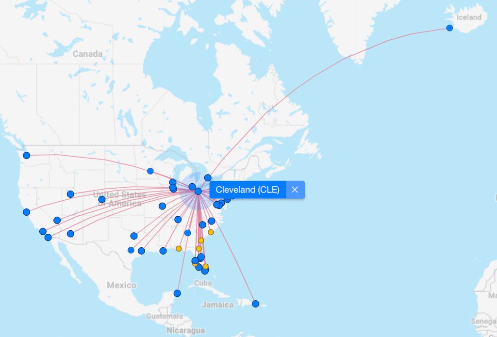 Direct flight routes map from Cleveland Ohio