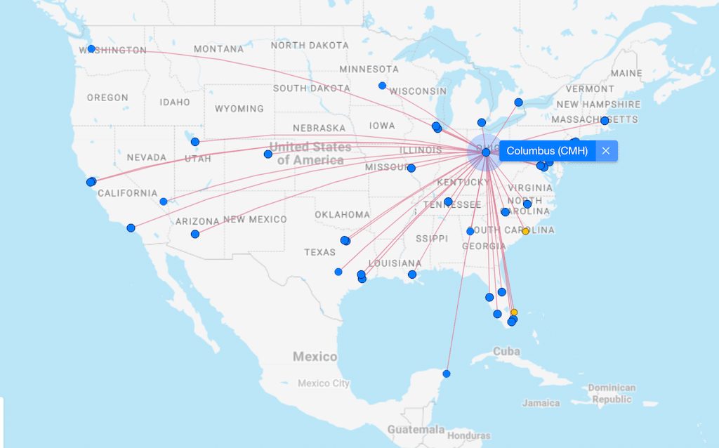 Direct flight routes map from John Glenn Columbus International Airport