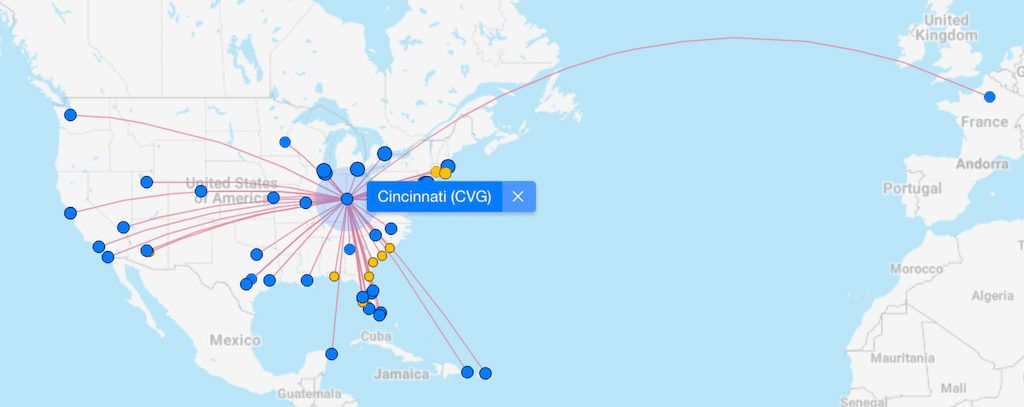 Direct flight routes map from Cincinnati/Northern Kentucky International Airport