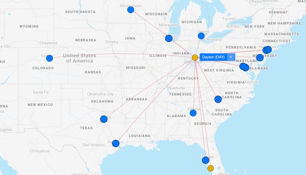 Direct flight routes map from James M. Cox Dayton International Airport