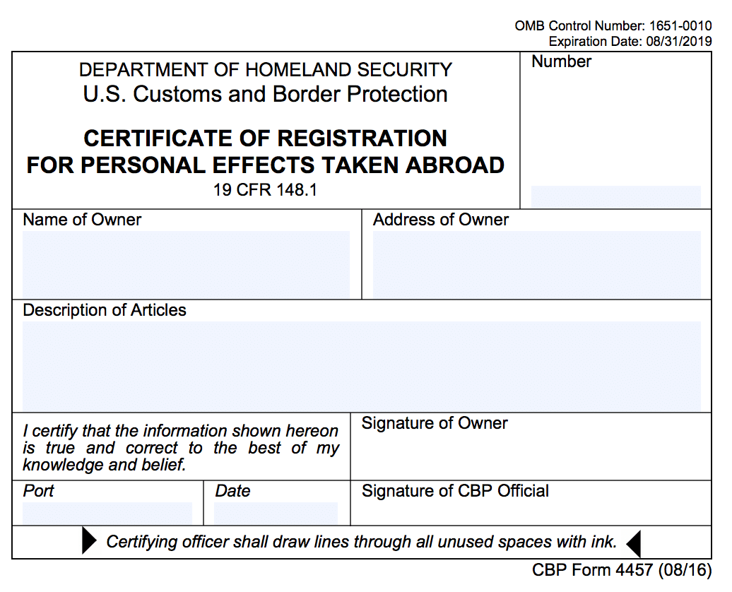 US Customs and Border Protection form.