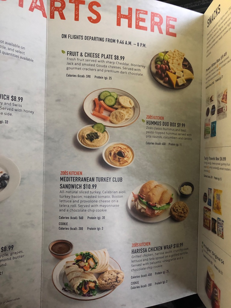 American Airlines Main Cabin menu.