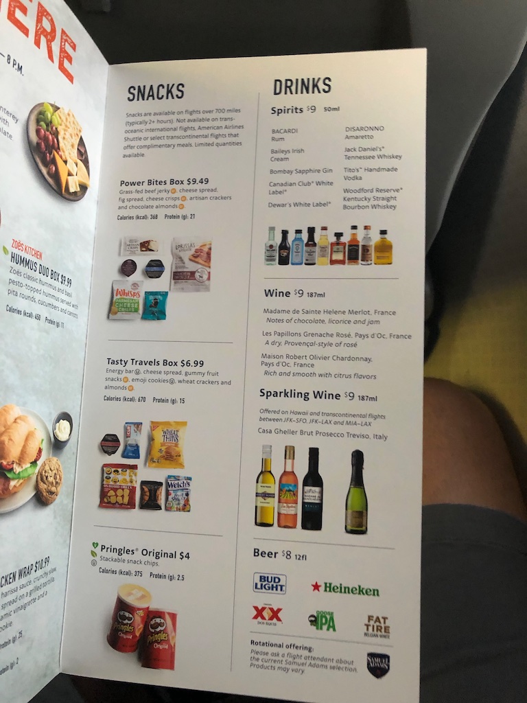 American Airlines Main Cabin menu.