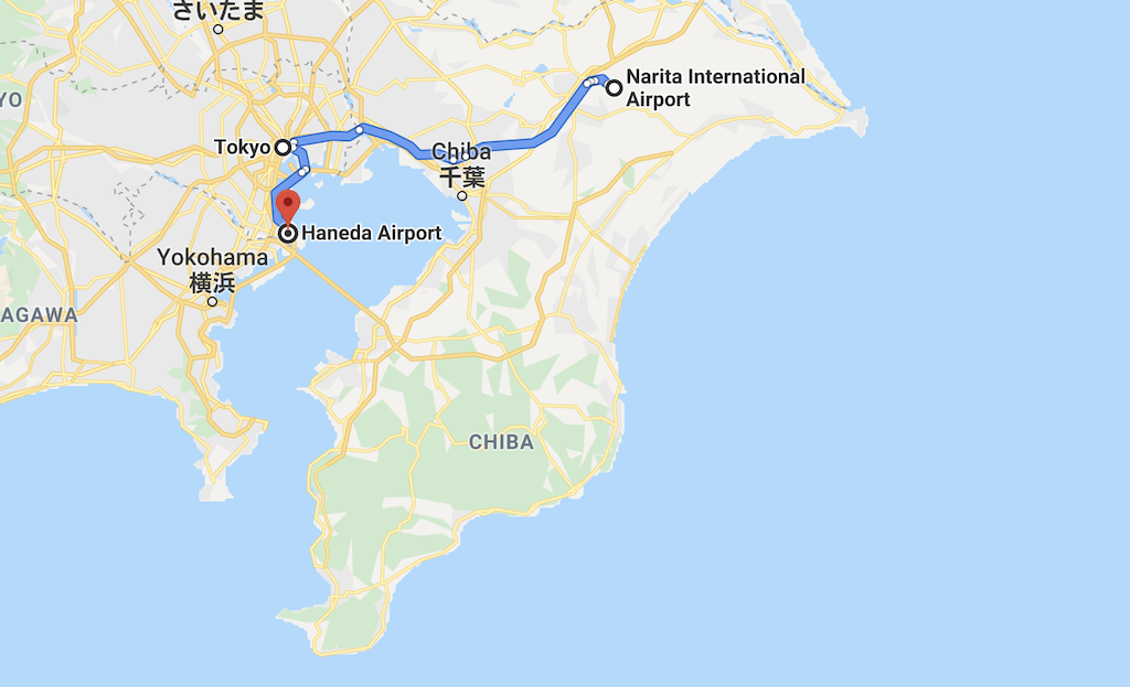 Map showing distance between Tokyo airports