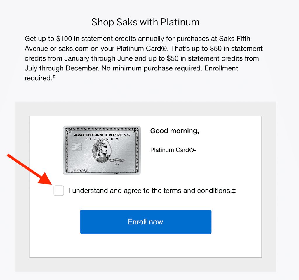 Screenshot of the page to enroll in Amex SAKS credit
