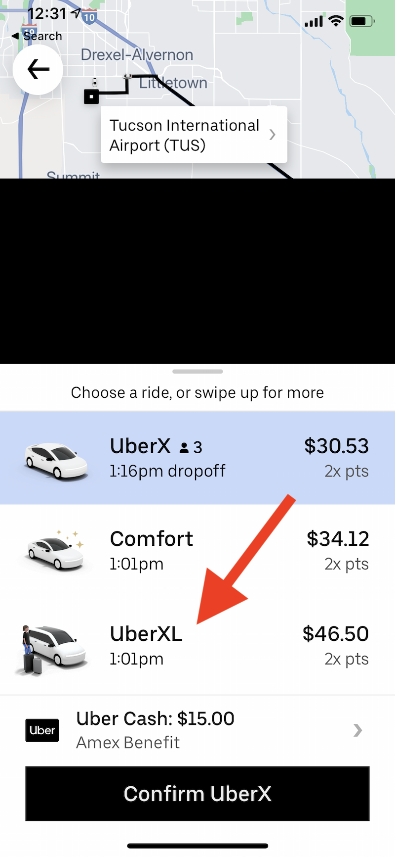 Uber app showing Uber XL option
