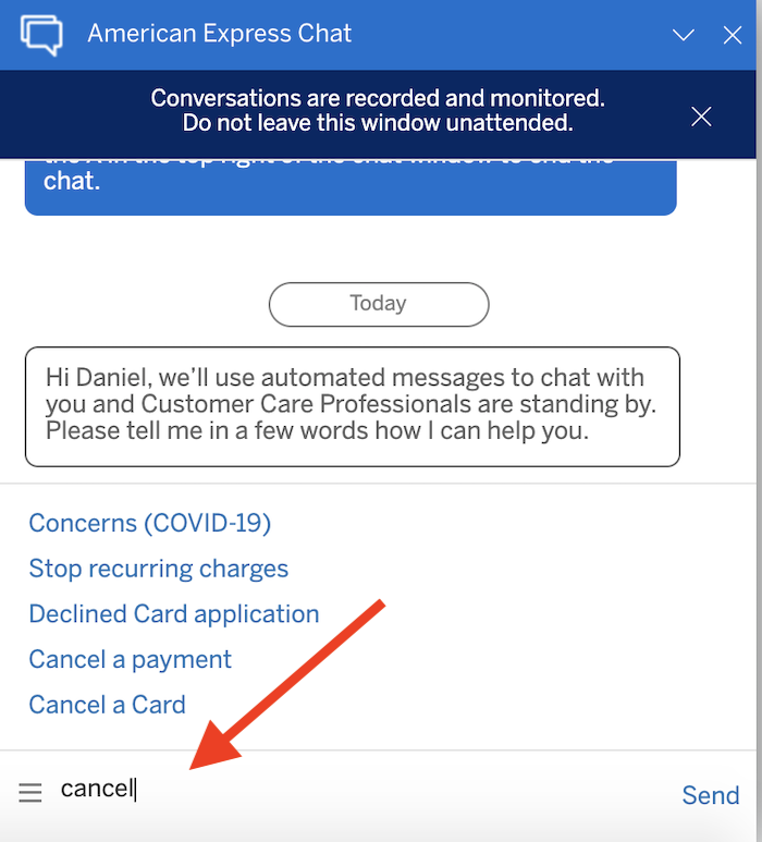 Chat feature showing how to cancel