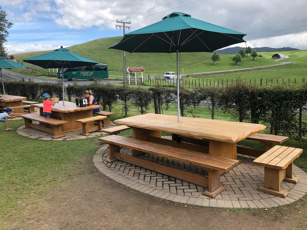 Picnic tables outside gift shop