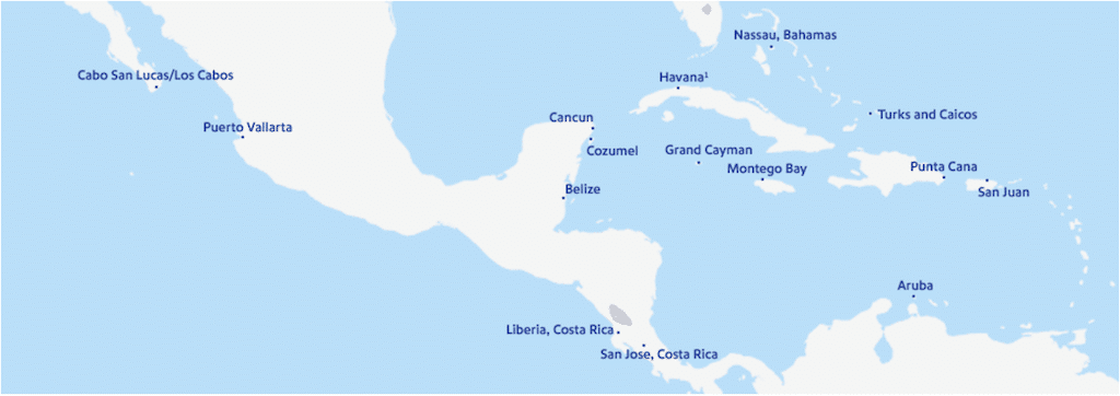 A map of Southwest Airlines international destinations.