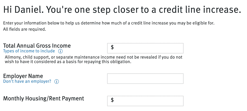 Screenshot of credit line increase application
