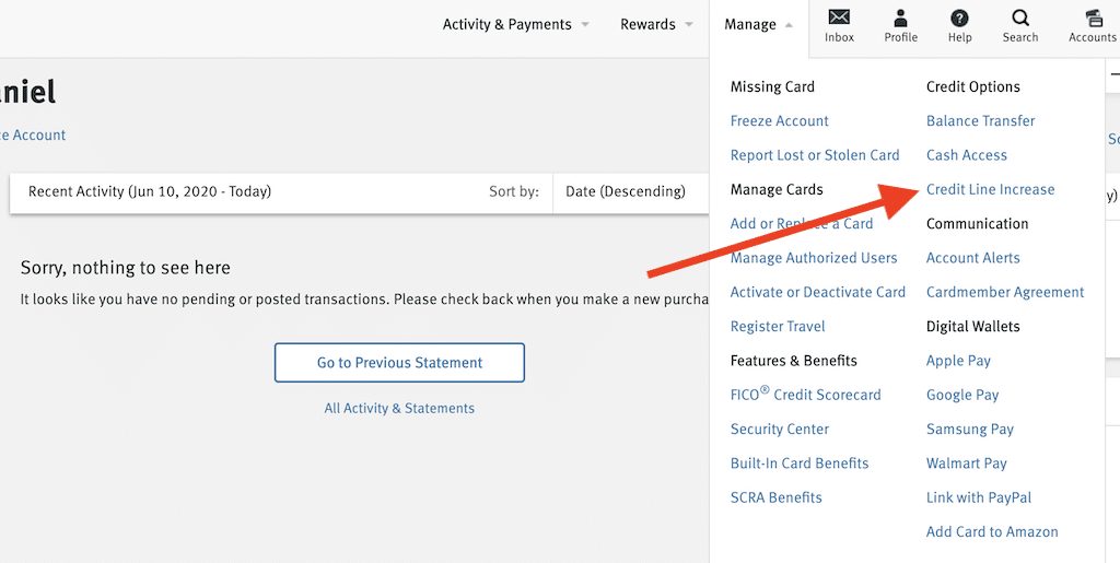 Discover credit line increase menu option