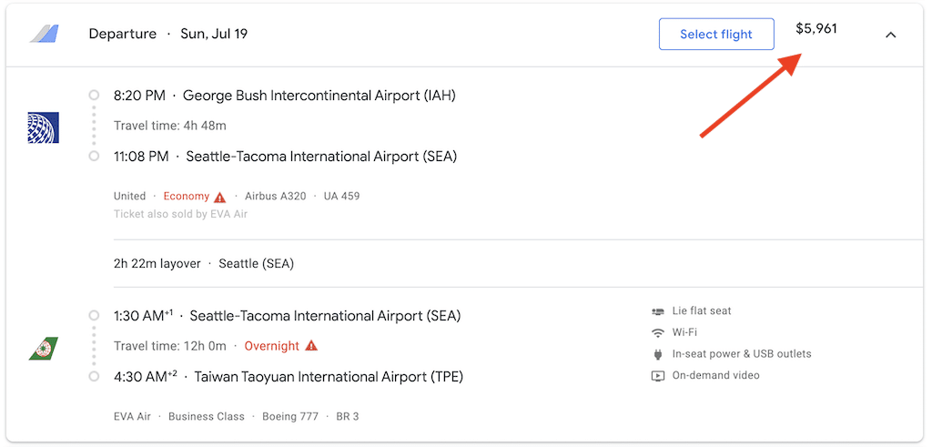 Screenshot showing price of flight on Google flights