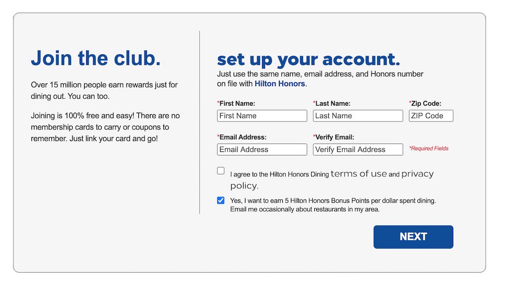 Screenshot of the sign-up page for the Hilton Honors Dining program.
