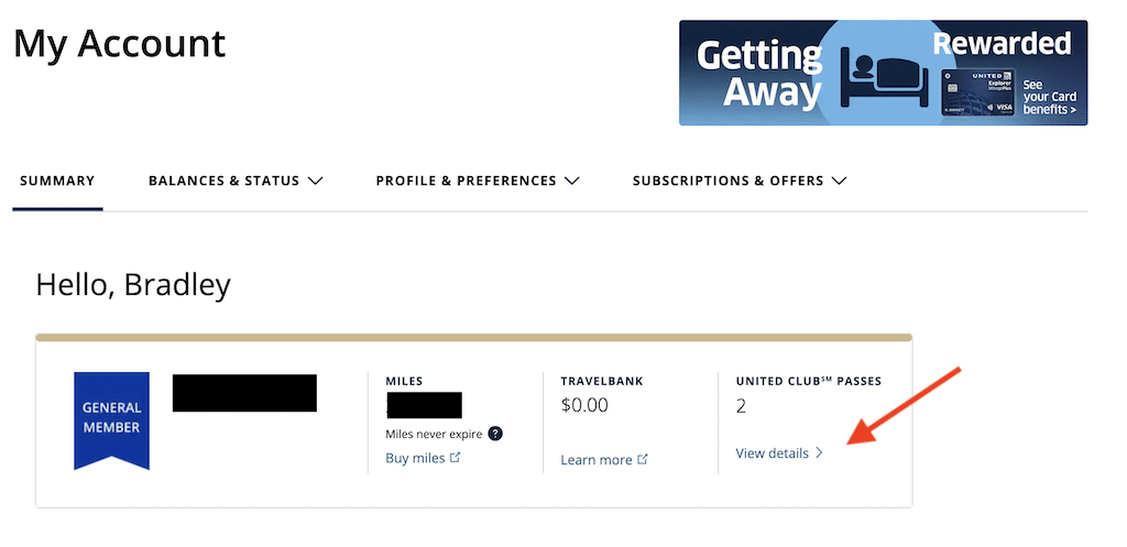 Screenshot of my account page on United website