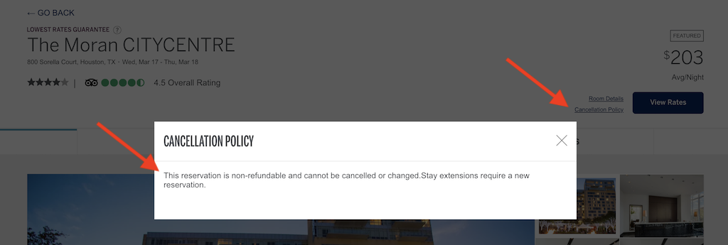 Screenshot showing cancellation policy for hotels on Amex travel