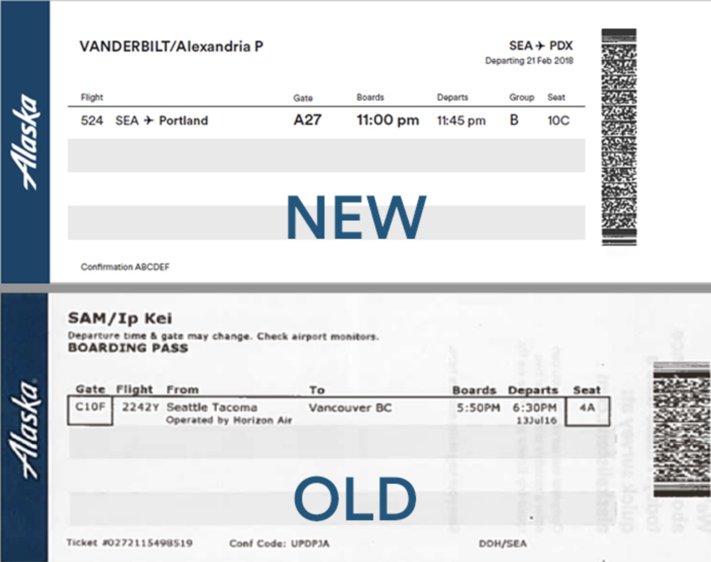 New Alaska boarding pass compared to old