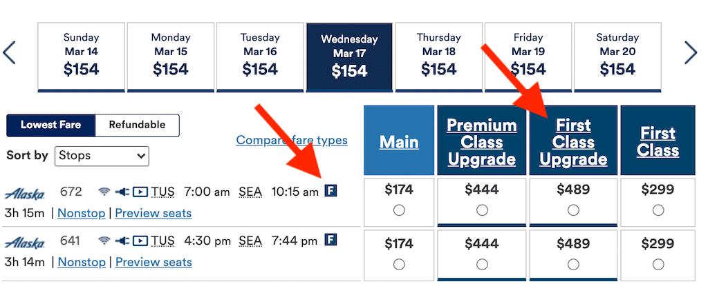 Screenshot of Alaska website showing upgrade prices.
