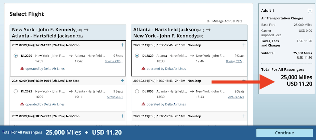 Korean air website showing delta flights.