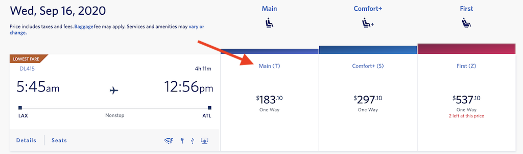 Search results showing economy fare.