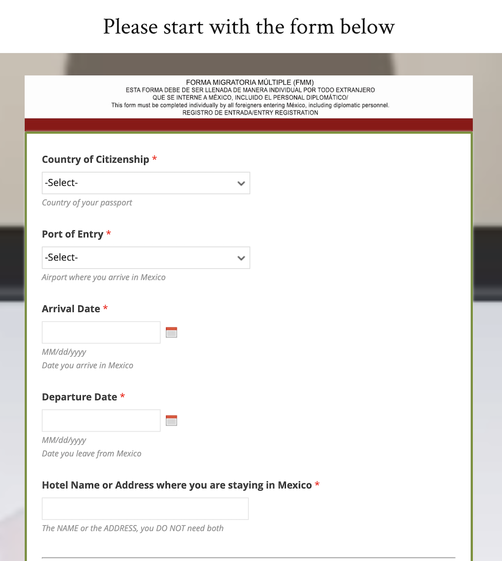 Form for Mexican tourist card.