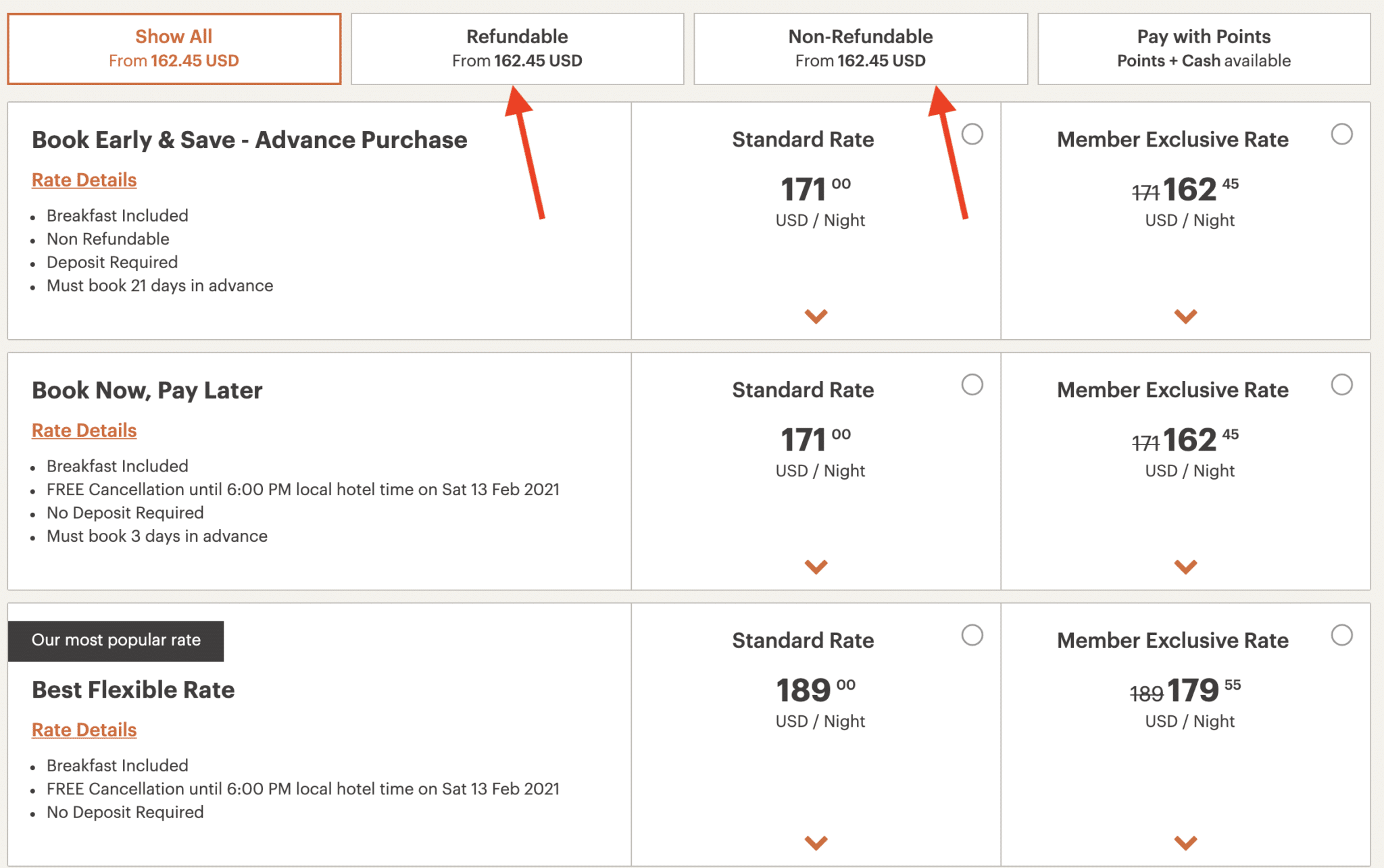 King menu showing different types of cancellation rates.