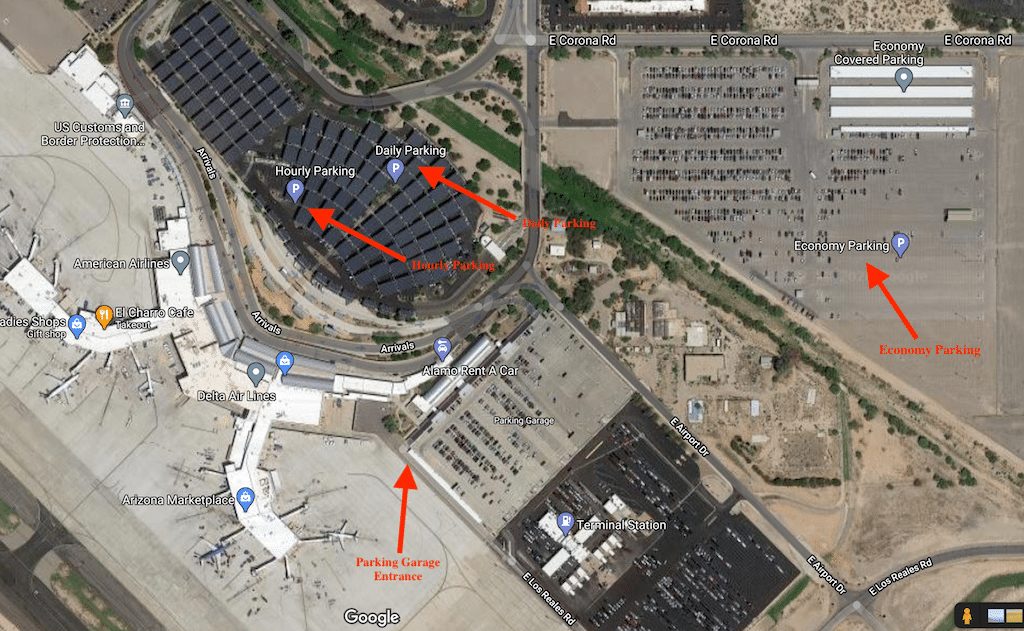 Map of Tucson airport parking areas.