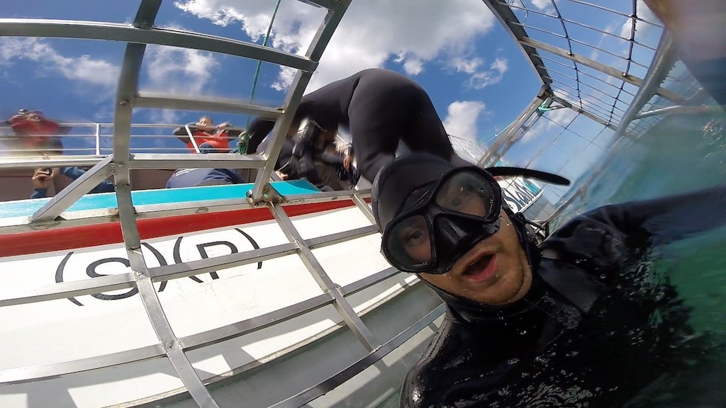 Climbing into shark cage in water