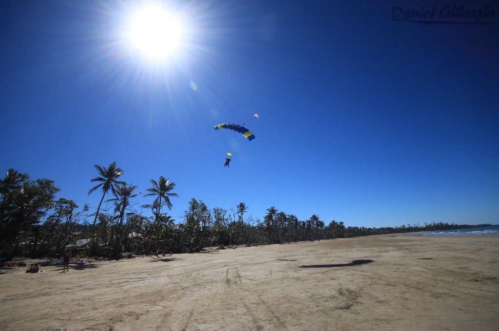 Skydiver landing on Mission Beach Australia
