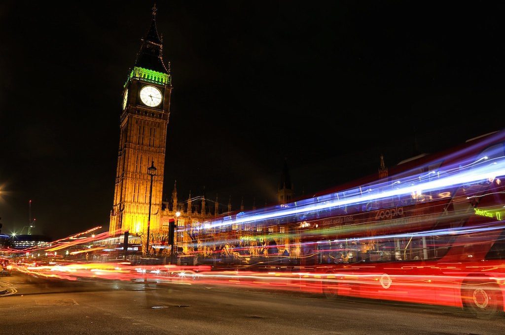 Big Ben at night London busses