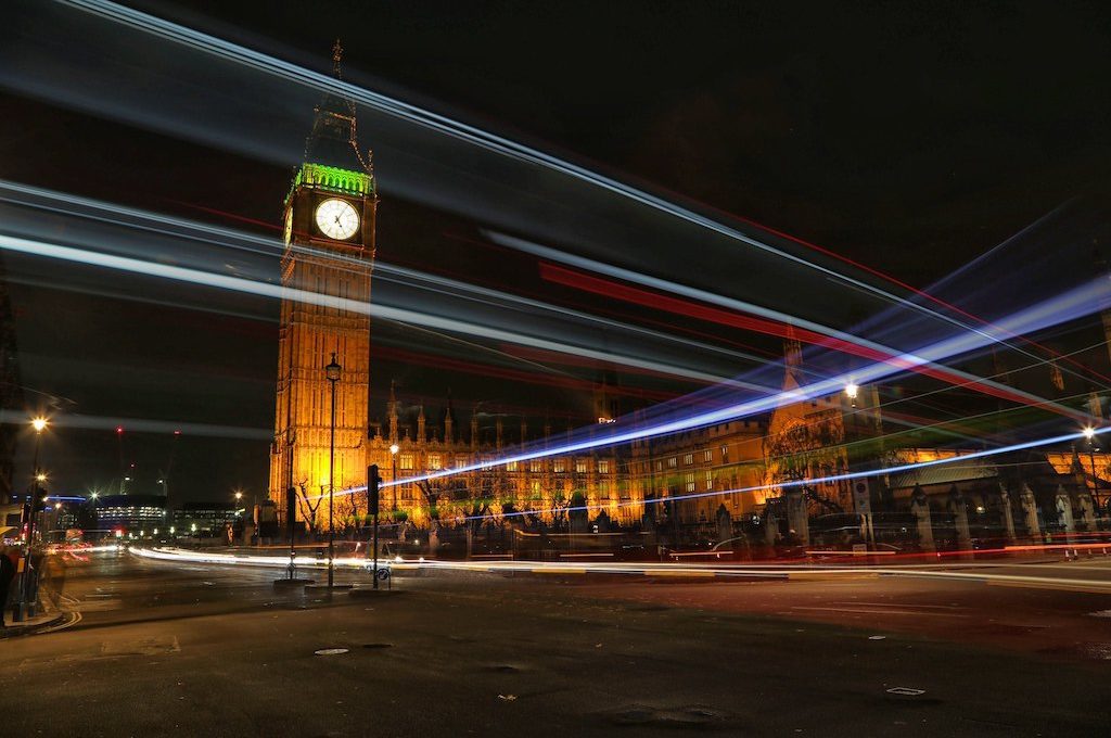 Big Ben at night London busses