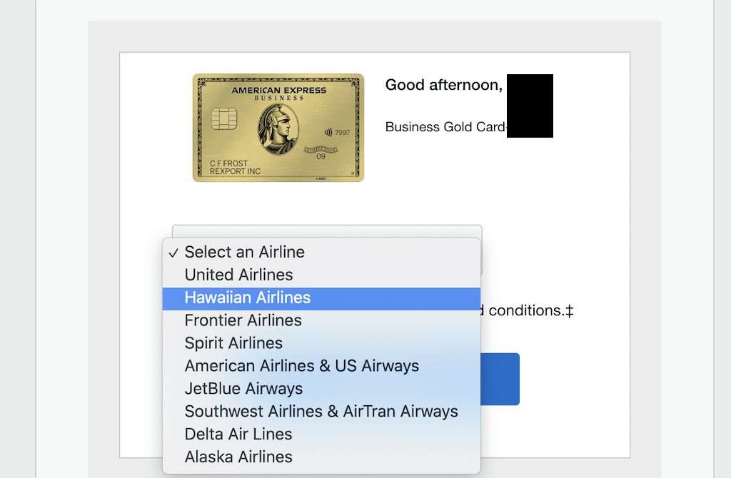 Selecting an airline for AMEX airline bonus