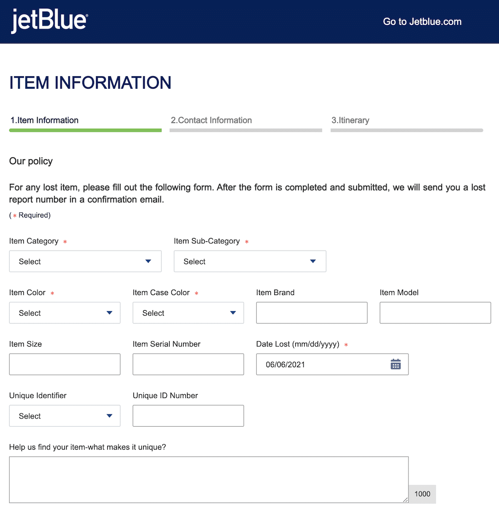 JetBlue Lost and Found Form