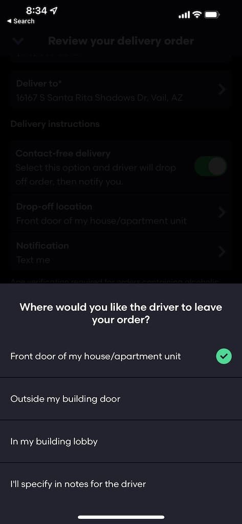 GrubHub delivery instructions