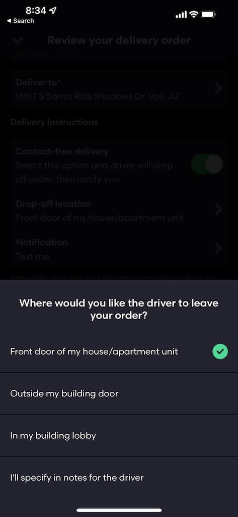 GrubHub delivery instructions