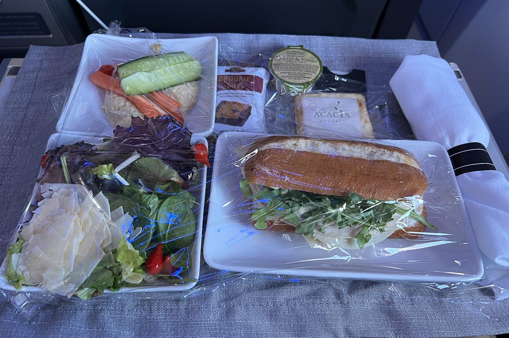 American Airlines A321 First Class Hawaii meal wrapped