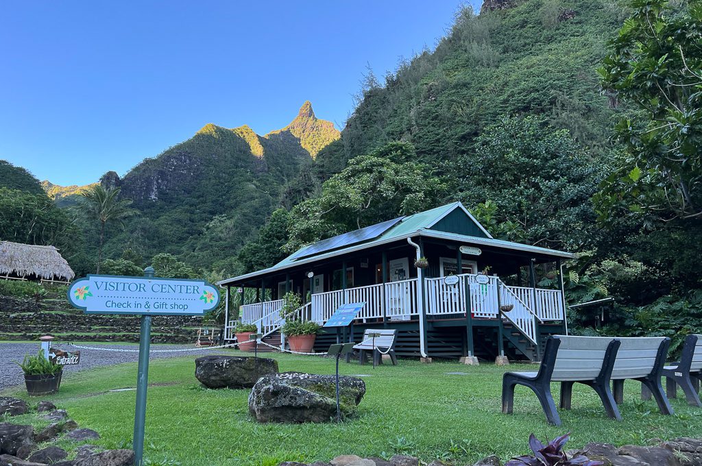 Limahuli Garden, building with mountains in background.