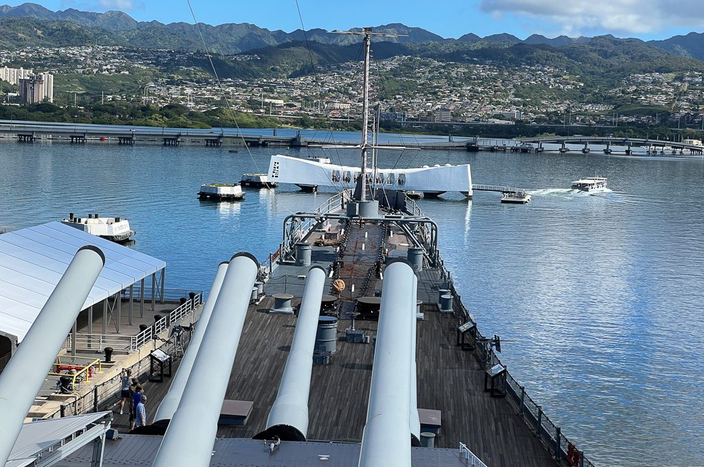 USS Missouri looking over USS Arizona in Pearl Harbor